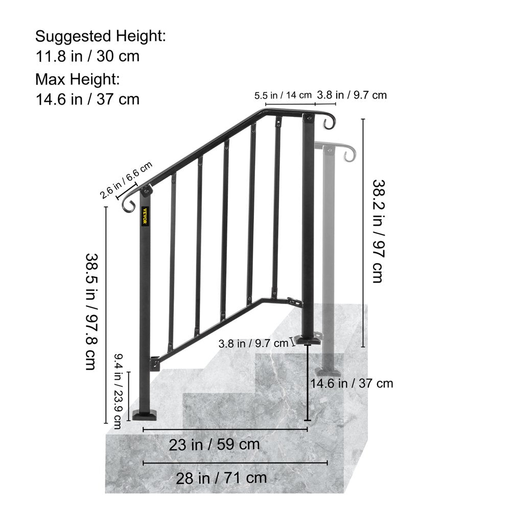 brand Handrail for Stairs Fits 2 or 3 Steps Outdoor Wrought Iron Handrail Height Adjustable Stair Railing, Matte Black