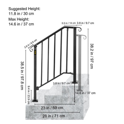 brand Handrail for Stairs Fits 2 or 3 Steps Outdoor Wrought Iron Handrail Height Adjustable Stair Railing, Matte Black