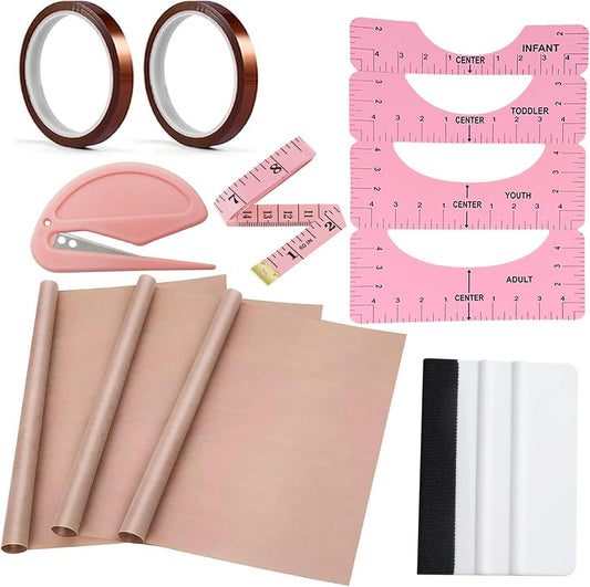 Sublimation Shirts Tool Kits (Pink) - 4 T Shirt Rulers, 3Pack Teflon Sheet for Heat Press 12 X 16In - 2 Rolls Heat Resistant Tape,1 Tape Measure,1Squeegee for Vinyl