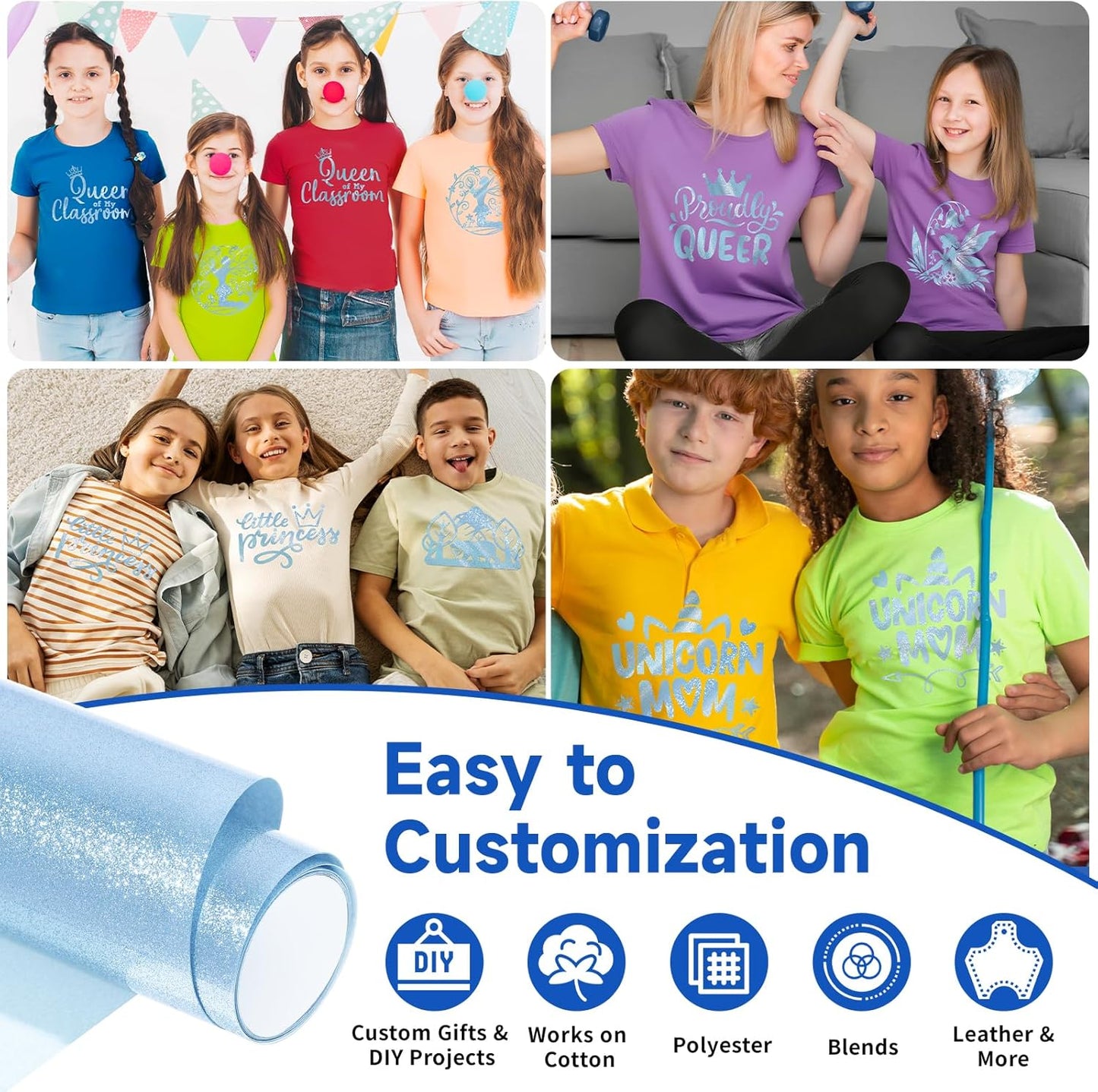 Glitter HTV Heat Transfer Vinyl Roll - 10" X 5Ft HTV Vinyl for Shirts, Iron on Vinyl for All Cutter Machine, Easy to Cut & Weed (Blue)