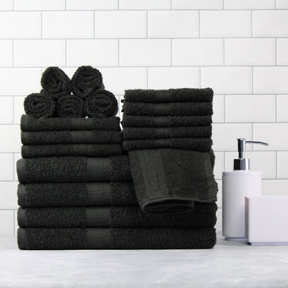 Basic Solid 18-Piece Bath Towel Set Collection, Black