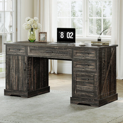 Home Office Desk with File Cabinet and Drawers, 59" Executive Desk with USB Power Outlet, Storage Cabinet for CPU, Workstation Table for Study, Dark Oak