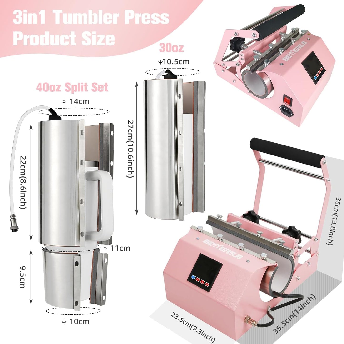 Bettersub 3In1 40 OZ Tumbler Mug Heat Press Machine 30 OZ 20 OZ 16 OZ Sublimation Straight Skinny Tumbler Mug,11 OZ 15 OZ 16 OZ Sublimation Mug Heat Transfer Pink