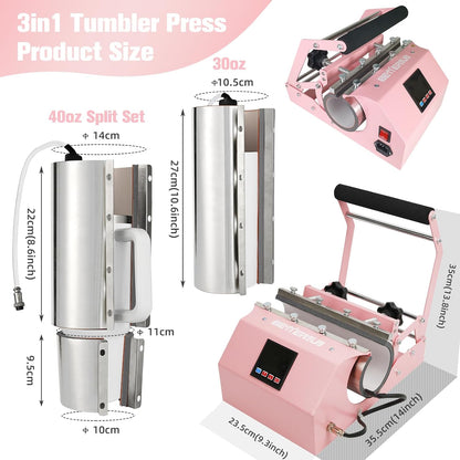 Bettersub 3In1 40 OZ Tumbler Mug Heat Press Machine 30 OZ 20 OZ 16 OZ Sublimation Straight Skinny Tumbler Mug,11 OZ 15 OZ 16 OZ Sublimation Mug Heat Transfer Pink