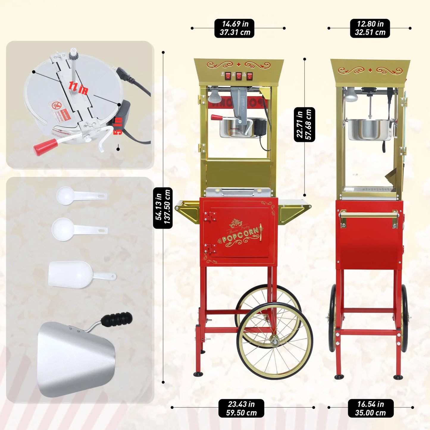 12OZ Popcorn Machine with Cart,  Movie Theater Popcorn Maker Machine with Stainless Steel Kettle, Tempered Glass, 8" Shelf, Popcorn Machine for Kids Party Home, Red