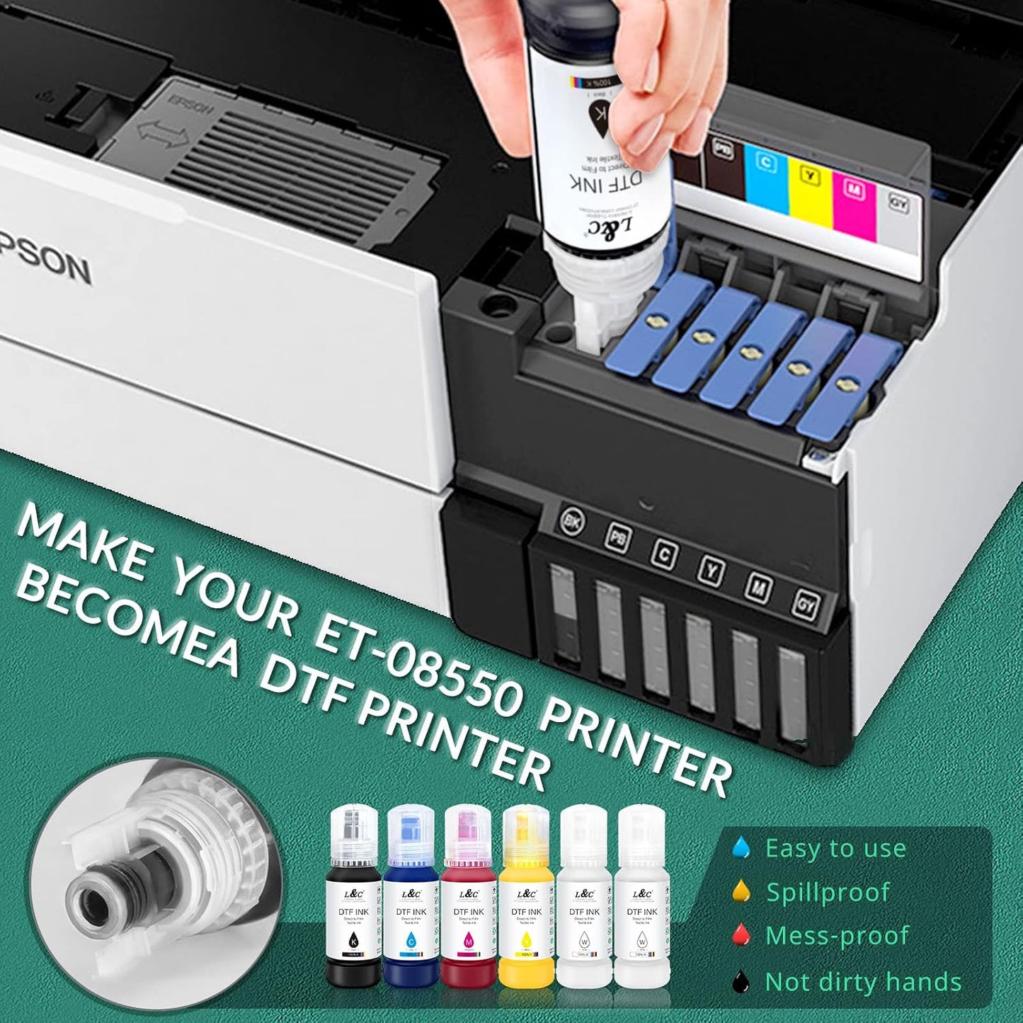 L&C DTF Ink Auto-Fill 600ML DTF Transfer Ink for Epson ET-8550 ET-8500 D570 R1390 DTF Printers Upgraded Heat Transfer Printing Direct to Film Set 100ML X 4 CMYK, 100ML X 2 White (Anti-Uv/Icc-Free)