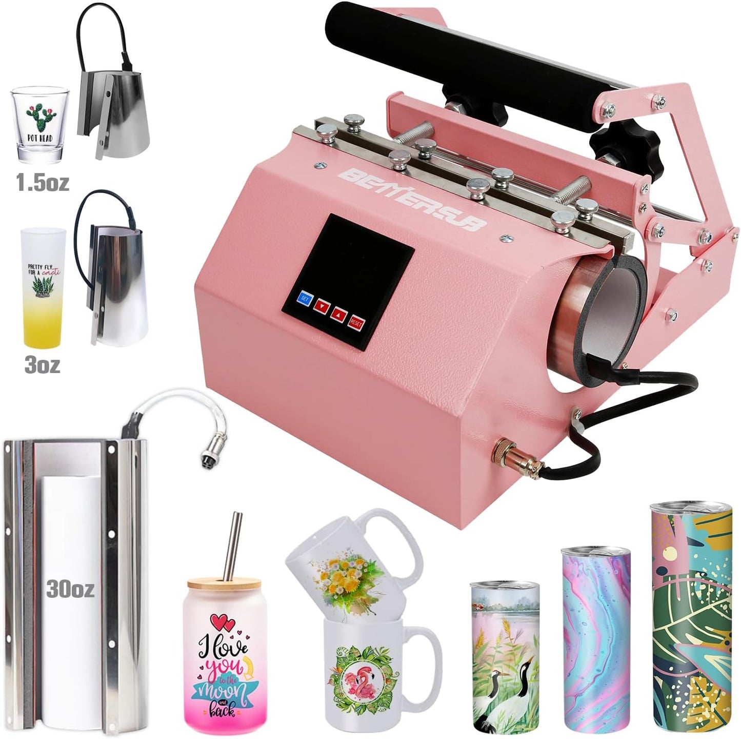 Bettersub 3In1 Tumbler Mug Heat Press Machine 30 OZ 20 OZ 16 OZ Sublimation Straight Skinny Tumbler Mug 3 OZ 1.5 OZ Shot Glass,11 OZ 15 OZ 16 OZ Sublimation Mug Heat Transfer Pink