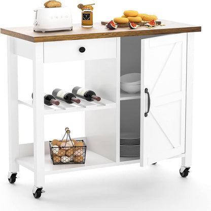 Farmhouse Kitchen Cart, Rolling Kitchen Cart with Storage, Microwave Stand Coffee Cart, White