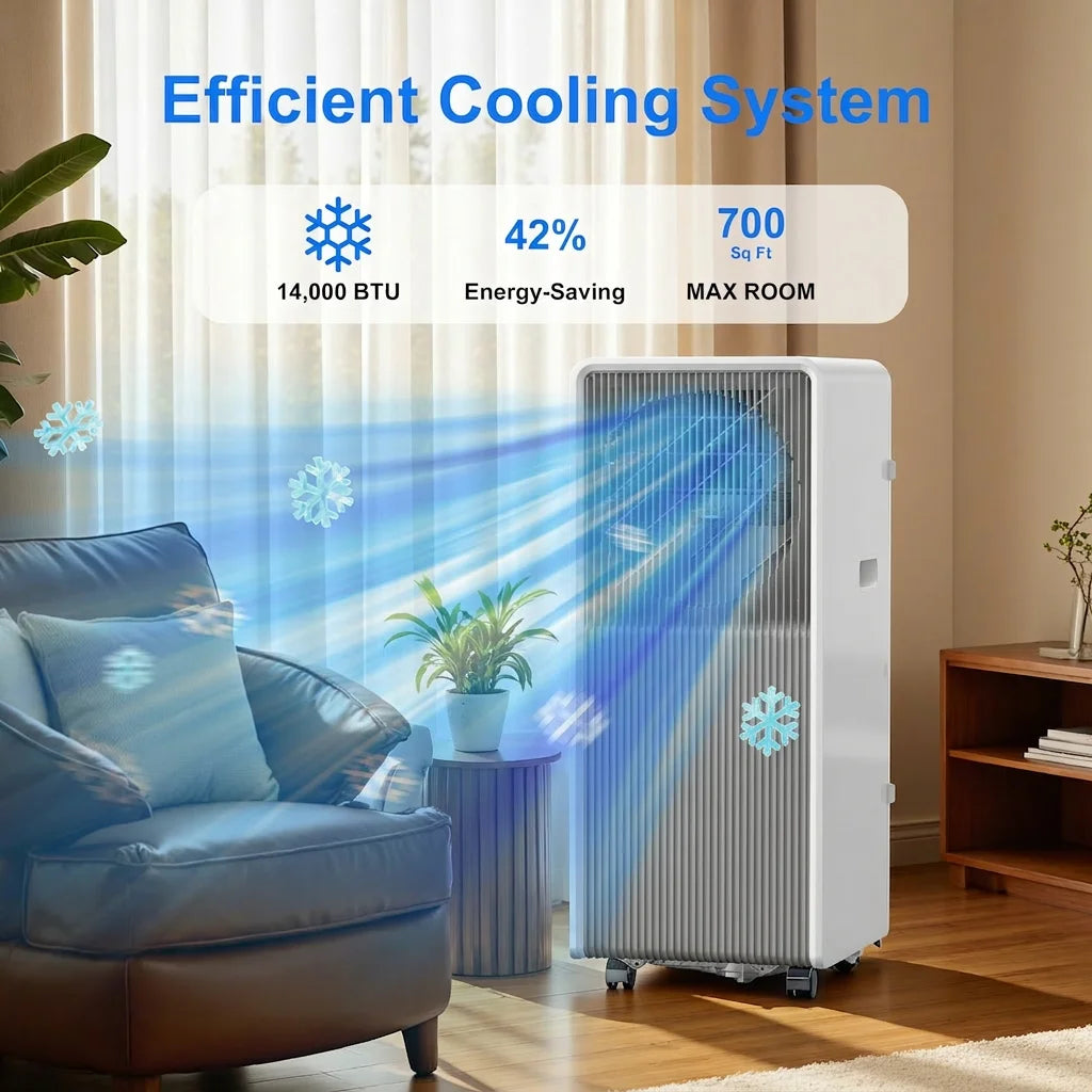 Portable Air Conditioners 14,000 BTU for Rooms up to 700 Sq.Ft. Portable AC, Dehumidifier, 24H Timer, Sleep Mode & Water Level Indication, Remote Control & Window Kit, White & Grey