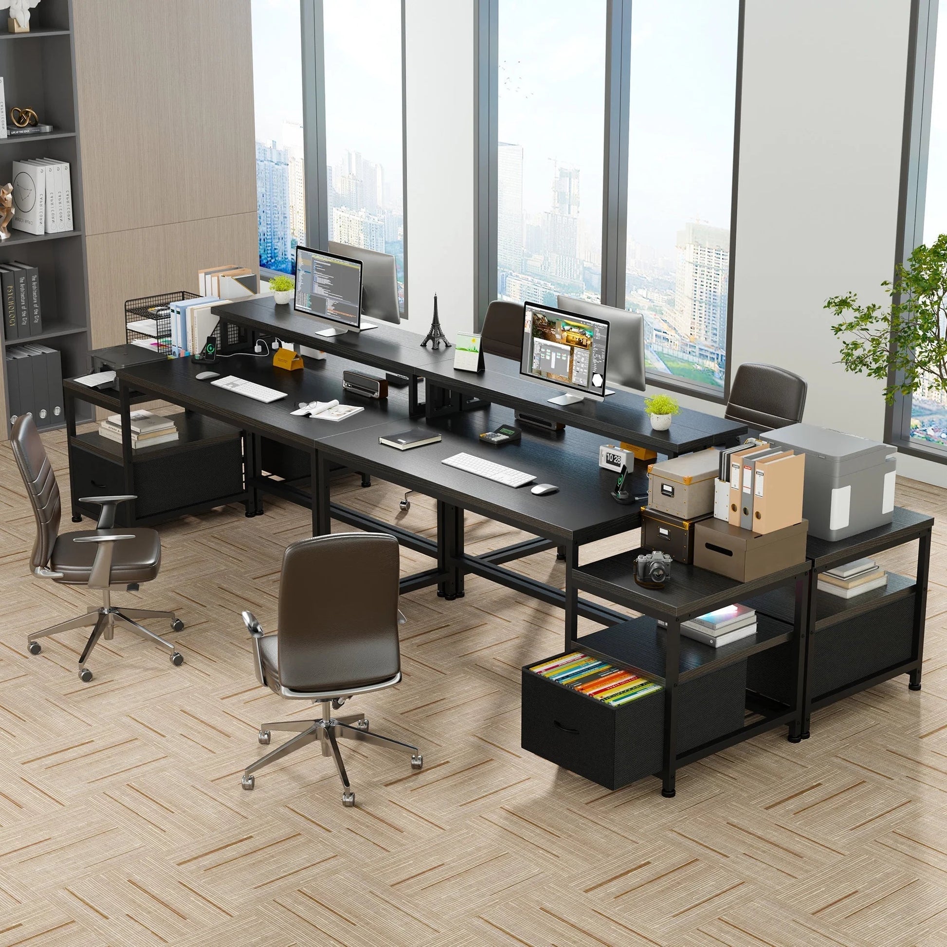 56.5" Computer Desk with Monitor Stand, Office Desk with Fabric File Cabinet, Gaming Computer Desk for Home Office Bedroom, Black