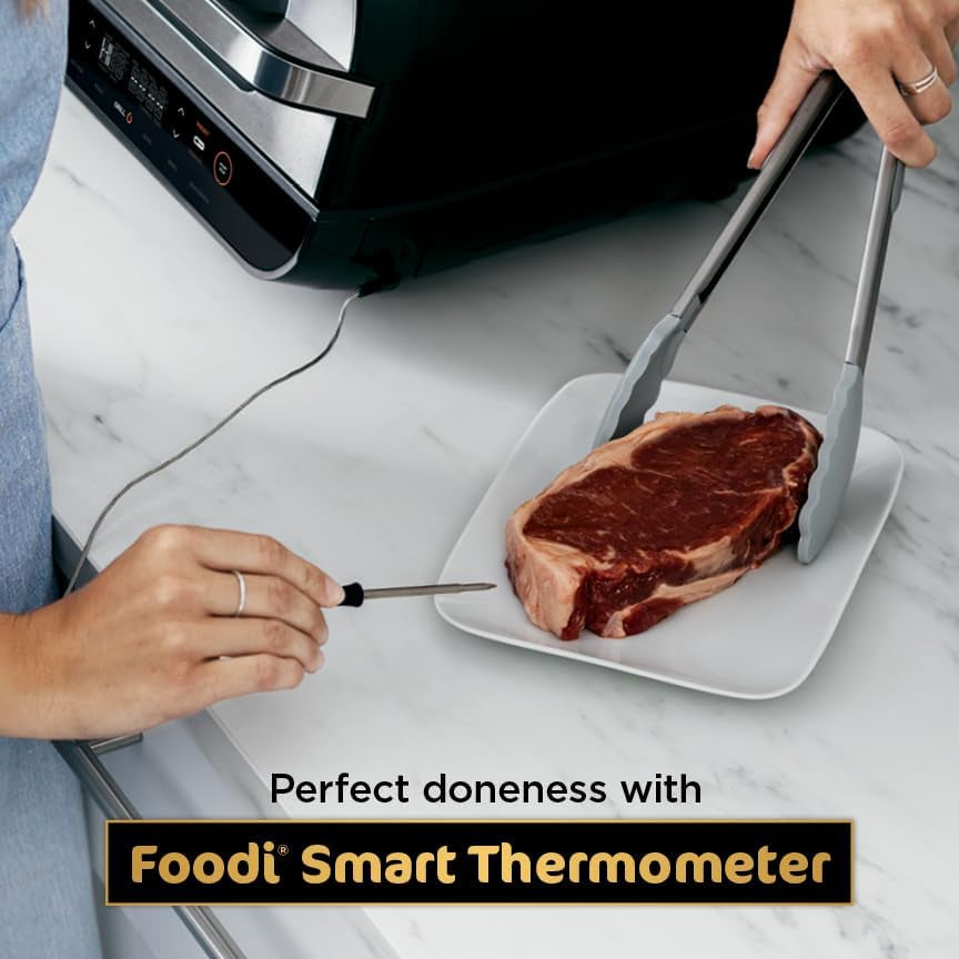 Ninja | Indoor Grill and Air Fryer| Foodi Smart XL | 6-In-1 Grill, Air Fry, Roast, Bake, Broil, Dehydrate & Crisp |Smart Thermometer & Splatter Shield | Dishwasher Safe Parts | Black/Silver | FG551