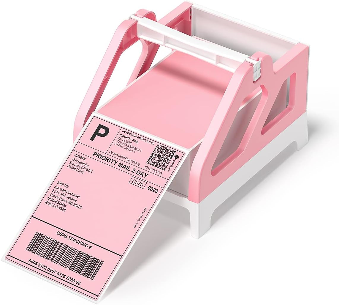 MUNBYN Label Holder for Rolls and Fan-Fold Labels, Thermal Sticker Roll Holder for Desktop Thermal Printer Shipping Supplies Industrial Paper, Pink