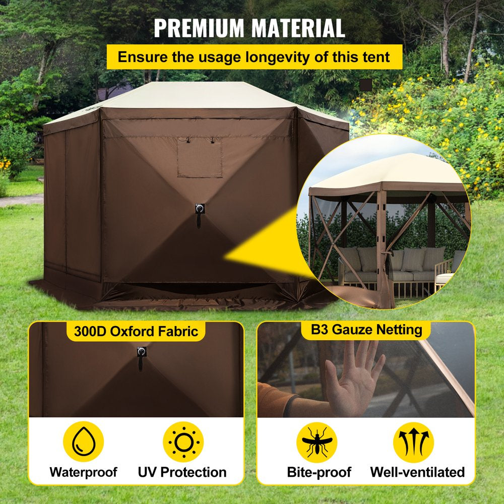 brand Camping Gazebo Tent, 10'X10', 6 Sided Pop-Up Canopy Screen Tent for 8 Person Camping, Waterproof Screen Shelter W/ Portable Storage Bag, Ground Stakes, Mesh Windows, Brown & Beige