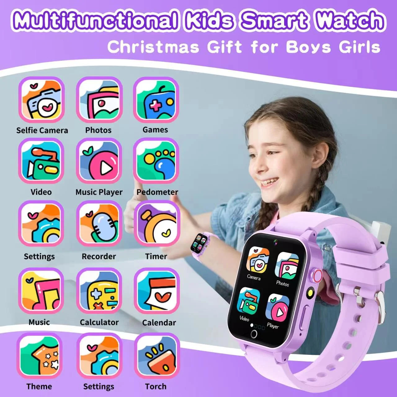 1.54" Smart Watch for Girls Smart Watch for Kids with Camera Games Pedometer Video MP3 Flashlights Calculator Alarm Clock Children Touch Screen Purple