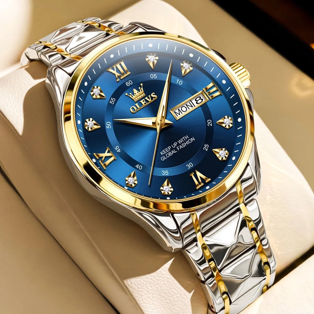 Watches for Men Business Dress Diamond Analog Quartz Date Luxury Classic Casual Stainless Steel Waterproof Luminous Mens Wrist Watches Gifts Reloj Para Hombre Blue/Gold/Black Dial