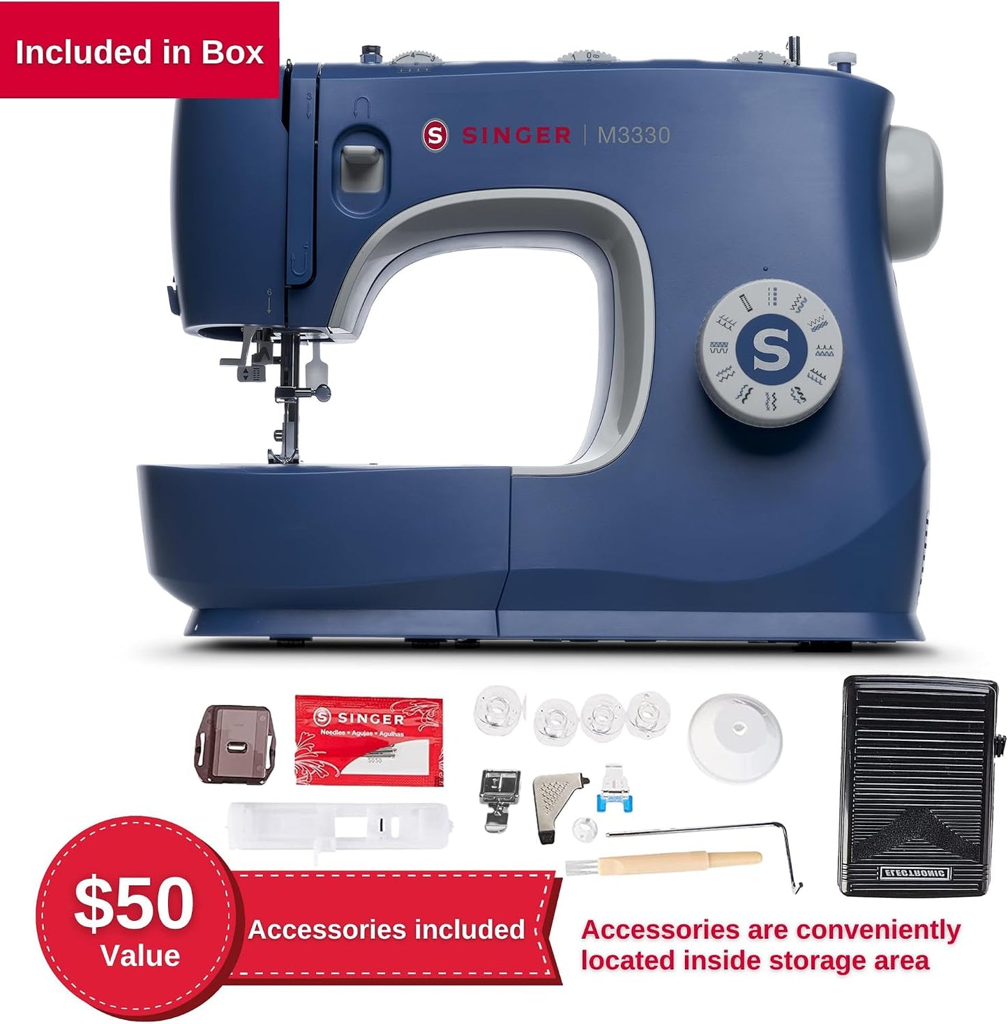 SINGER® M3330 Navy Blue Sewing Machine with Accessories, Beginner-Friendly | 23 Stitches Deliver 97 Applications, 1-Step Buttonhole, Free Arm, Decorative Stitches, for Crafts, Garments, Home Décor