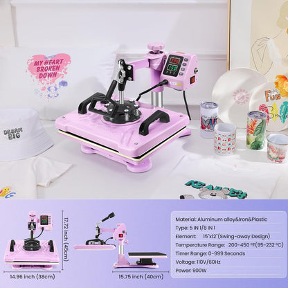 Heat Press Machine for Tshirts, 5 in 1 Heat Transfer Machine, 12" X 15" Heat Printing Press for Sublimation Combo with 360 Degree Rotation Swing Away for T-Shirt Hat Cap Mug Plate, Pink Purple
