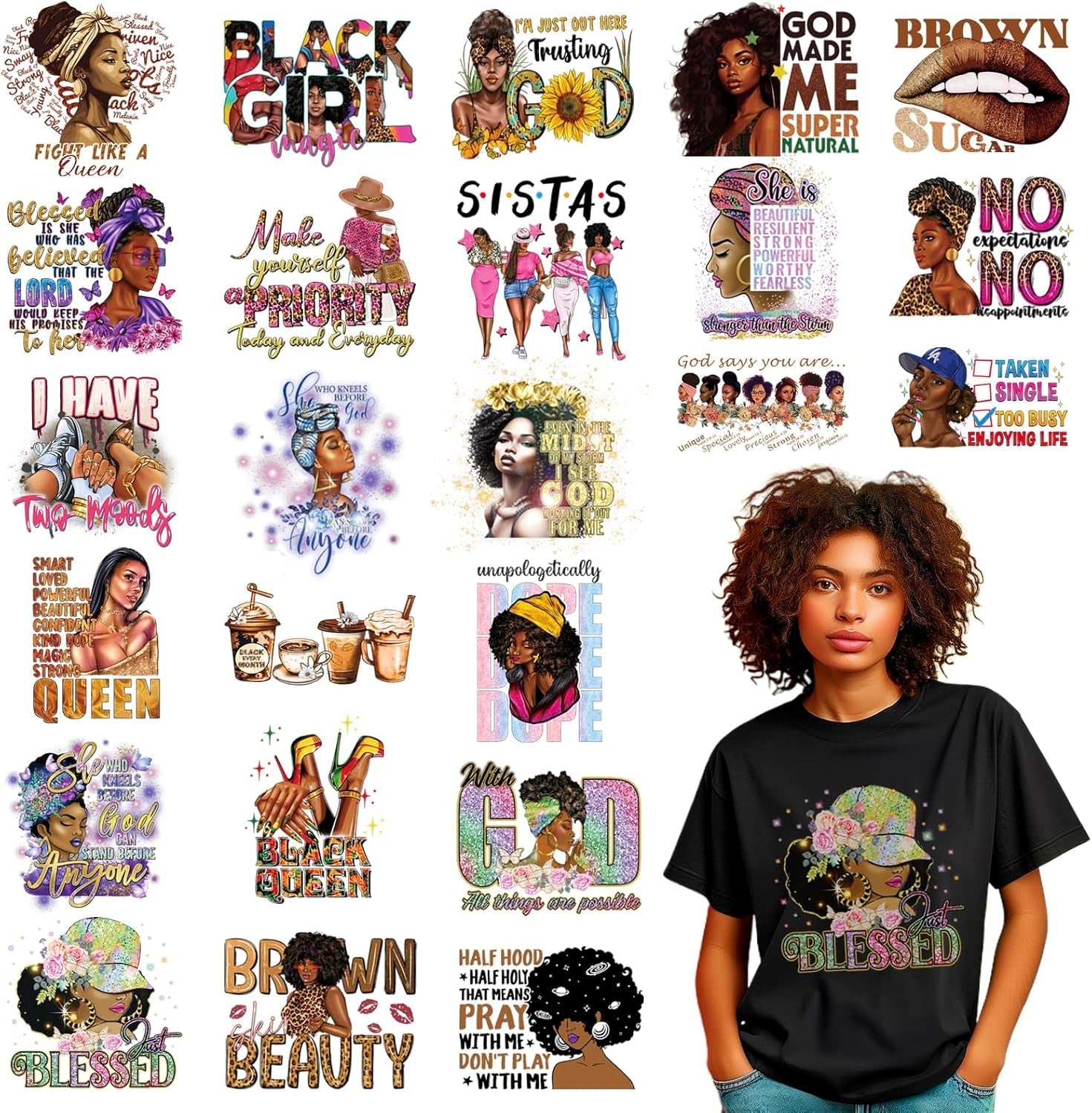 24 Sheets Black Girl Iron on Transfers for T-Shirts, DTF Transfers Ready to Press Black Women Black History DTF Transfers Ready to Press Heat Transfer Vinyl Vinyl Stickers for Clothes Bag Pillow Craft