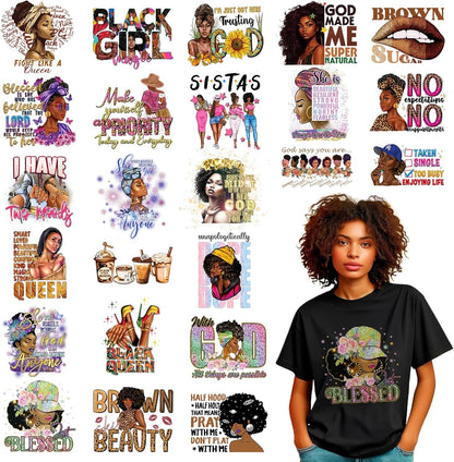 24 Sheets Black Girl Iron on Transfers for T-Shirts, DTF Transfers Ready to Press Black Women Black History DTF Transfers Ready to Press Heat Transfer Vinyl Vinyl Stickers for Clothes Bag Pillow Craft