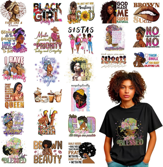 24 Sheets Black Girl Iron on Transfers for T-Shirts, DTF Transfers Ready to Press Black Women Black History DTF Transfers Ready to Press Heat Transfer Vinyl Vinyl Stickers for Clothes Bag Pillow Craft