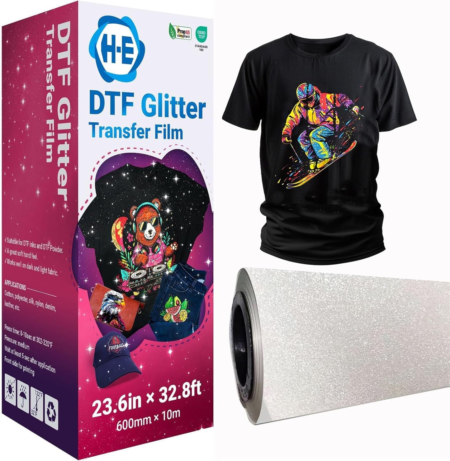 H-E DTF Glitter Transfer Film 23.6In X 32.8Ft Glitter DTF Film Roll, Cold Peel Glossy DTF Glitter Film for Direct to Film Printing DIY