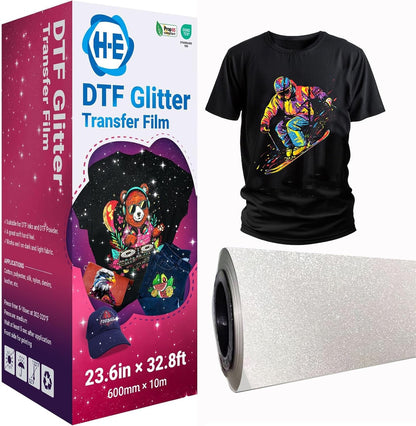 H-E DTF Glitter Transfer Film 23.6In X 32.8Ft Glitter DTF Film Roll, Cold Peel Glossy DTF Glitter Film for Direct to Film Printing DIY