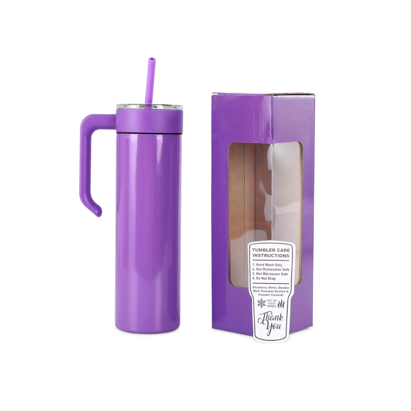 Makerflo 20Oz Skinny Powder Coated Glossy Tumbler with Handle Option – Leak-Proof Lid, Silicone Straw & Gift Box – Customizable with Laser Engraving, UV Printing, Epoxy & UV DTF (Purple)