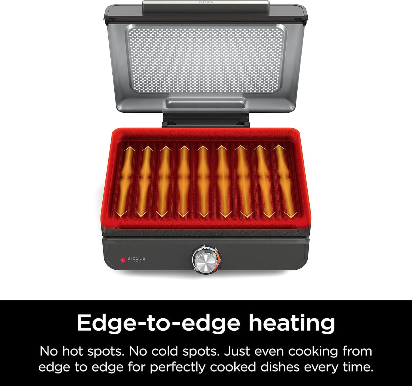 Ninja® Sizzle™ Indoor Grill & Griddle, 14'', 500°F, Grey/Silver, GR101 | Interchangeable Nonstick Grill & Griddle Plate, Dishwasher-Safe Lid, 500°F Edge-To-Edge Heat for Perfect Char-Grilled Marks.