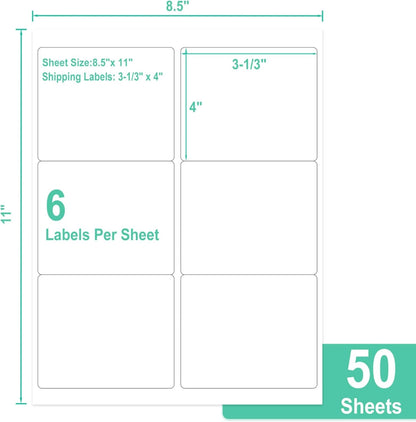 3-1/3" X 4" Printable White Sticker Labels, 300 Labels for Laser/Inkjet Printing - Matte (300 Labels, 50 Sheets)