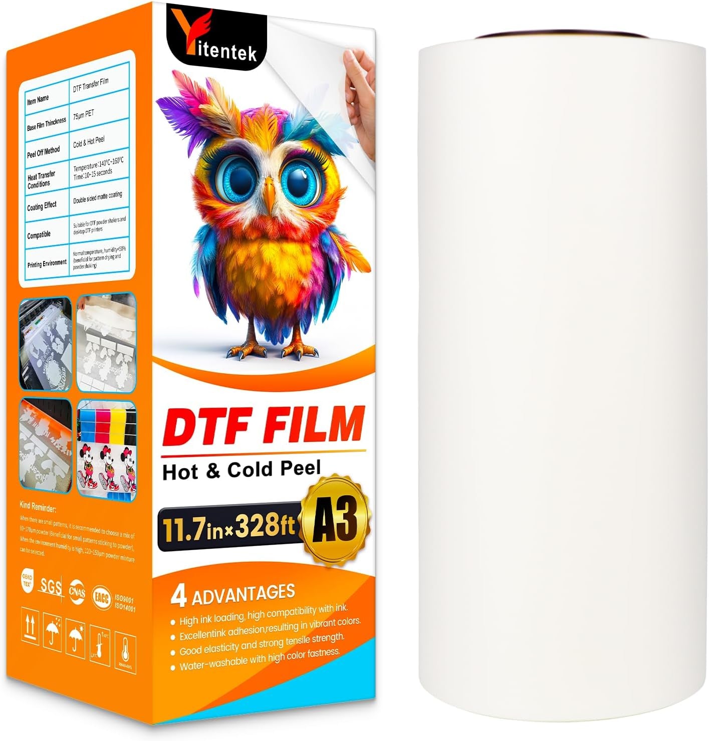Yitentek DTF Film | A3 DTF Transfer Film Roll | 11.7" X 328' Double Sided Matte Pretreat PET Heat Transfer Paper, Cold & Hot Peel DTF Paper for DTF Inkjet Printer, Direct Print on T-Shirts Textile