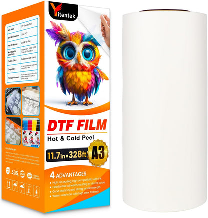 Yitentek DTF Film | A3 DTF Transfer Film Roll | 11.7" X 328' Double Sided Matte Pretreat PET Heat Transfer Paper, Cold & Hot Peel DTF Paper for DTF Inkjet Printer, Direct Print on T-Shirts Textile