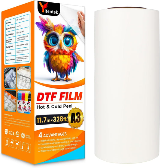 Yitentek DTF Film | A3 DTF Transfer Film Roll | 11.7" X 328' Double Sided Matte Pretreat PET Heat Transfer Paper, Cold & Hot Peel DTF Paper for DTF Inkjet Printer, Direct Print on T-Shirts Textile