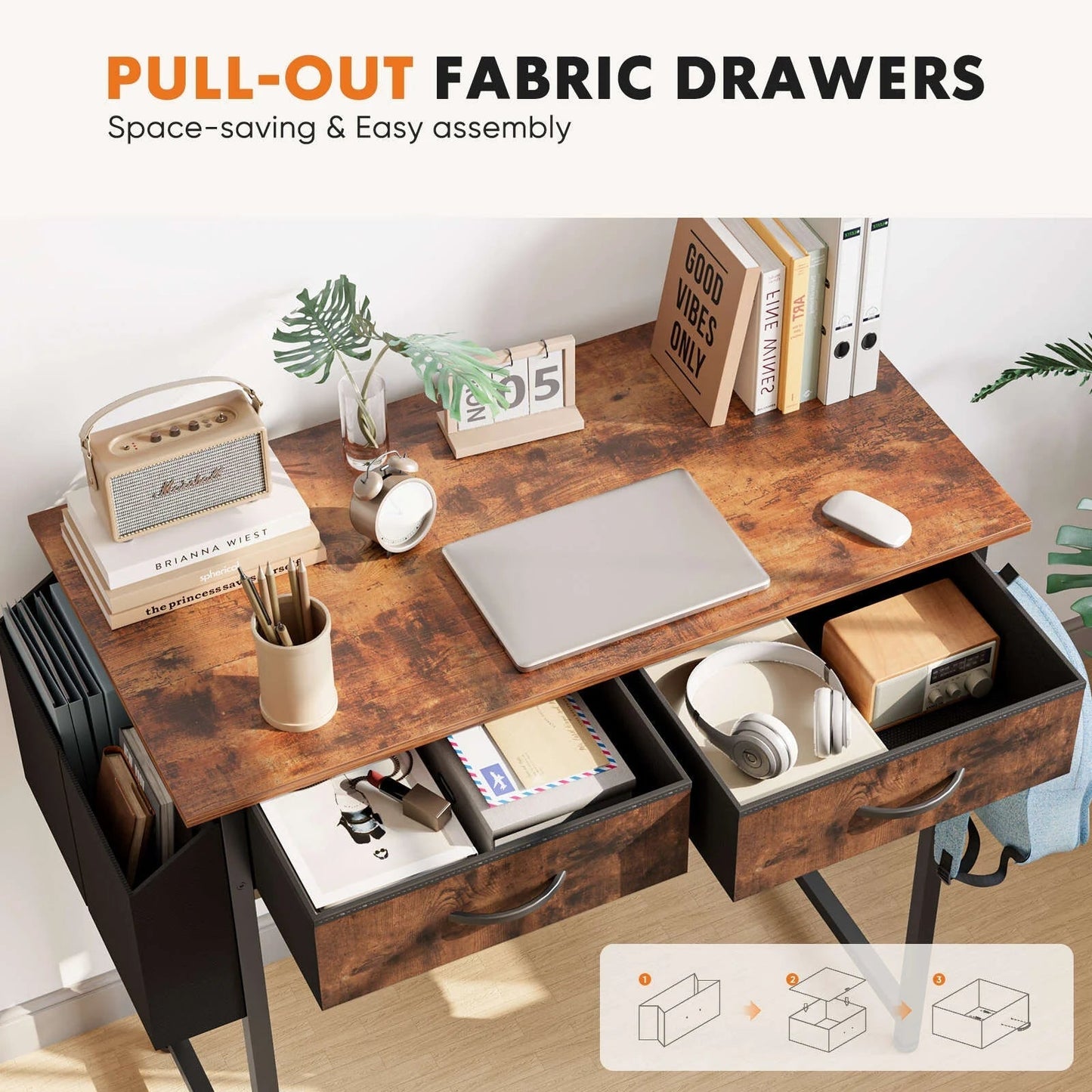 32 Inch Desk with 2 Drawers Home Office Computer PC Table with Fabric Storage Bag, Study Writing Wood Deskboard for Small Spaces,Rust Brown