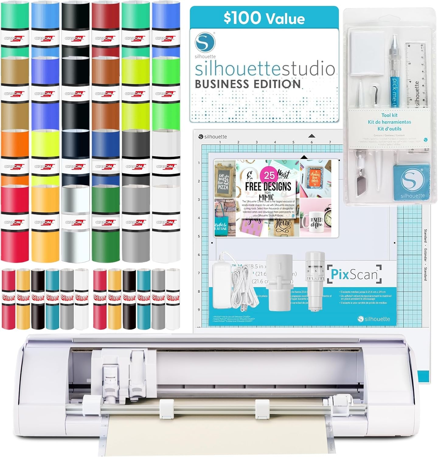Silhouette America Cameo 5 Alpha (Α) Smart Cutting Machine, Classic White (Deluxe Bundle) - Includes Business Edition Software, 12 HTV, 24 Oracal Vinyl Sheets, Pixscan Mat, Tool Kit & 25 Free Designs