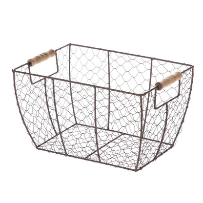 Decorative Brown Chicken Wire Basket with Wood Handles. 12.2X8X7.28