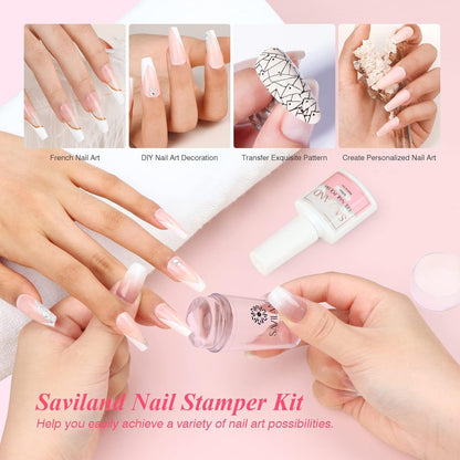 Saviland French Manicure Kit: French Tip Nail Stamp with White Gel Nail Polish Set, Jelly Silicone Nail Stamper Nail Stamper Kit for French Nails Home DIY Nail Salon