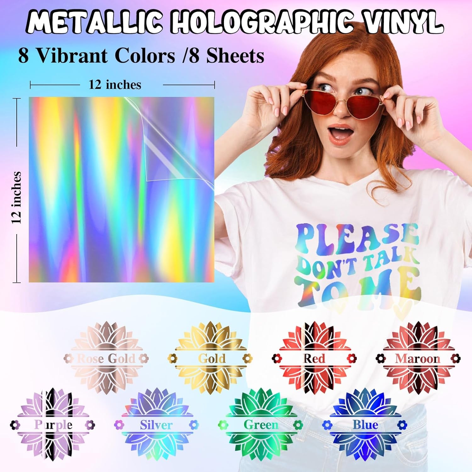 Metallic Holographic Heat Transfer Vinyl - 7 Sheets 12"X12" Iron on Vinyl for T-Shirts, Clothes, Bags, Pillows and More, Compatible with Most Cutter Machines