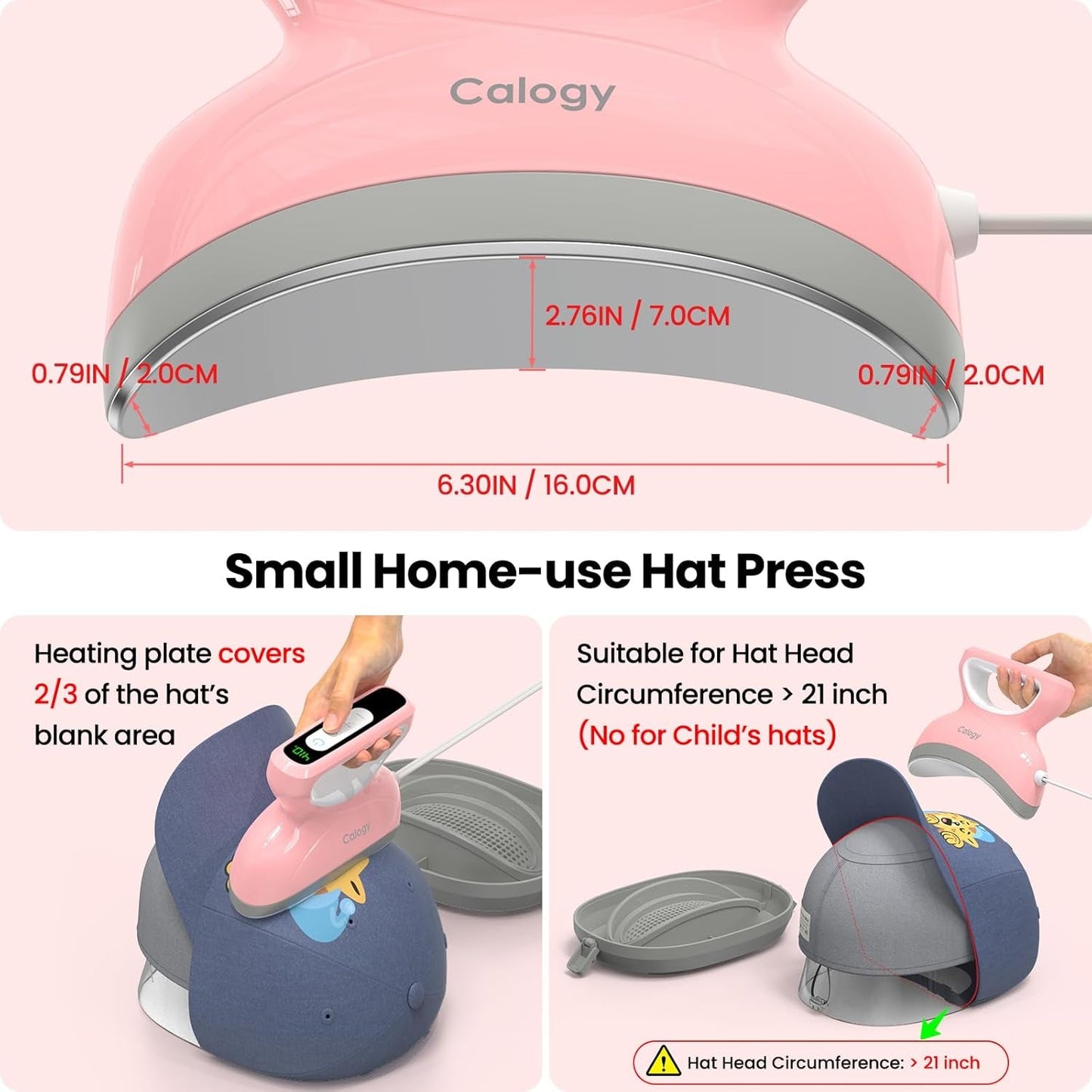 Calogy Hat Press Heat Machine for Caps, Mini Portable Hat Heat Press with Timer, Max 410℉,Precision Temp Control ±5℉, Fast & Evenly Heating Curved Plate 2.76 * 6.3In for 6 1/2-8 Hat，21-26 Girth（Pink）