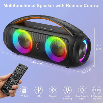 Waterproof Bluetooth Speaker, 40W Stereo Deep Bass, Portable Boombox Party Speaker, Remote Control, D16