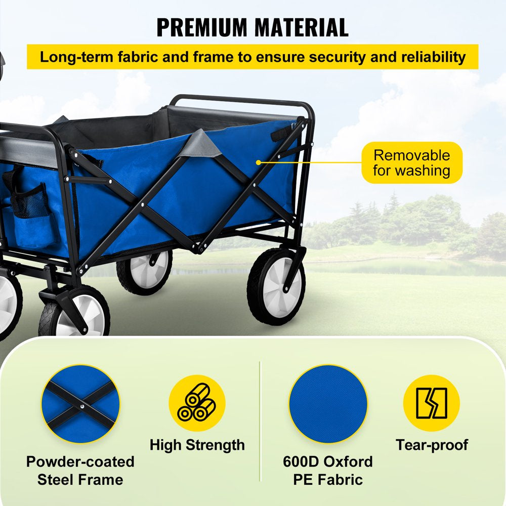 brand Collapsible Wagon Cart ,Folding Wagon Cart , 176 Lbs Load Beach Wagon Oversized Wheels, Portable Folding Wagon Adjustable Handles for Beach, Garden, Sports, Camping,Blue & Gray