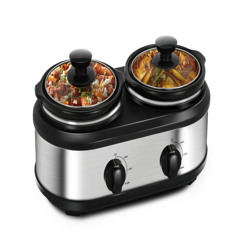 Dual Pot Slow Cooker 2X1.25 Qt Food Warmer with Adjustable Temp Slow Cooker Buffet Server Stainless Steel