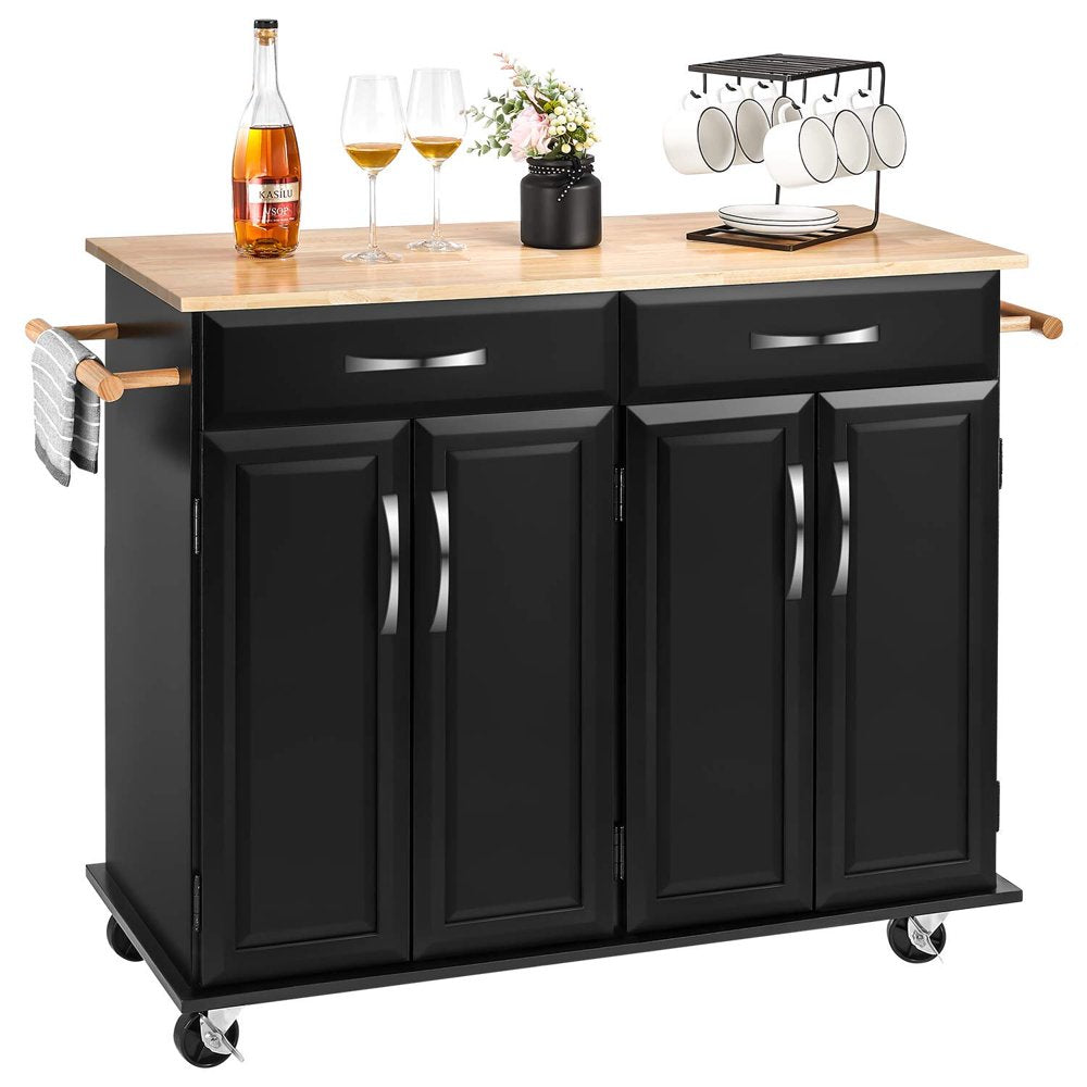 Kitchen Island on Wheels, Rolling Island Cart with Lockable Casters, Handle Towel Rack and 2 Drawers, Black