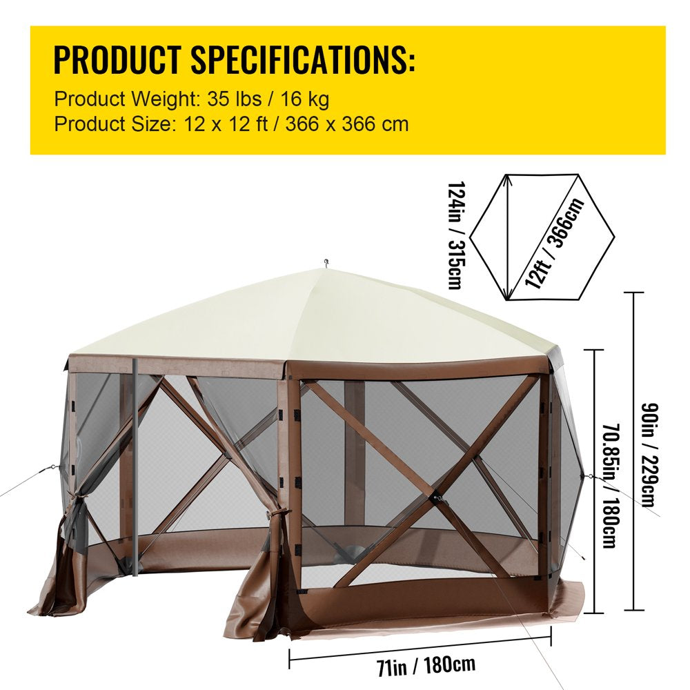 brand Camping Gazebo Tent, 12'X12', 6 Sided Pop-Up Canopy Screen Tent for 8 Person Camping, Waterproof Screen Shelter W/Portable Storage Bag, Ground Stakes, Mesh Windows, Brown & Beige