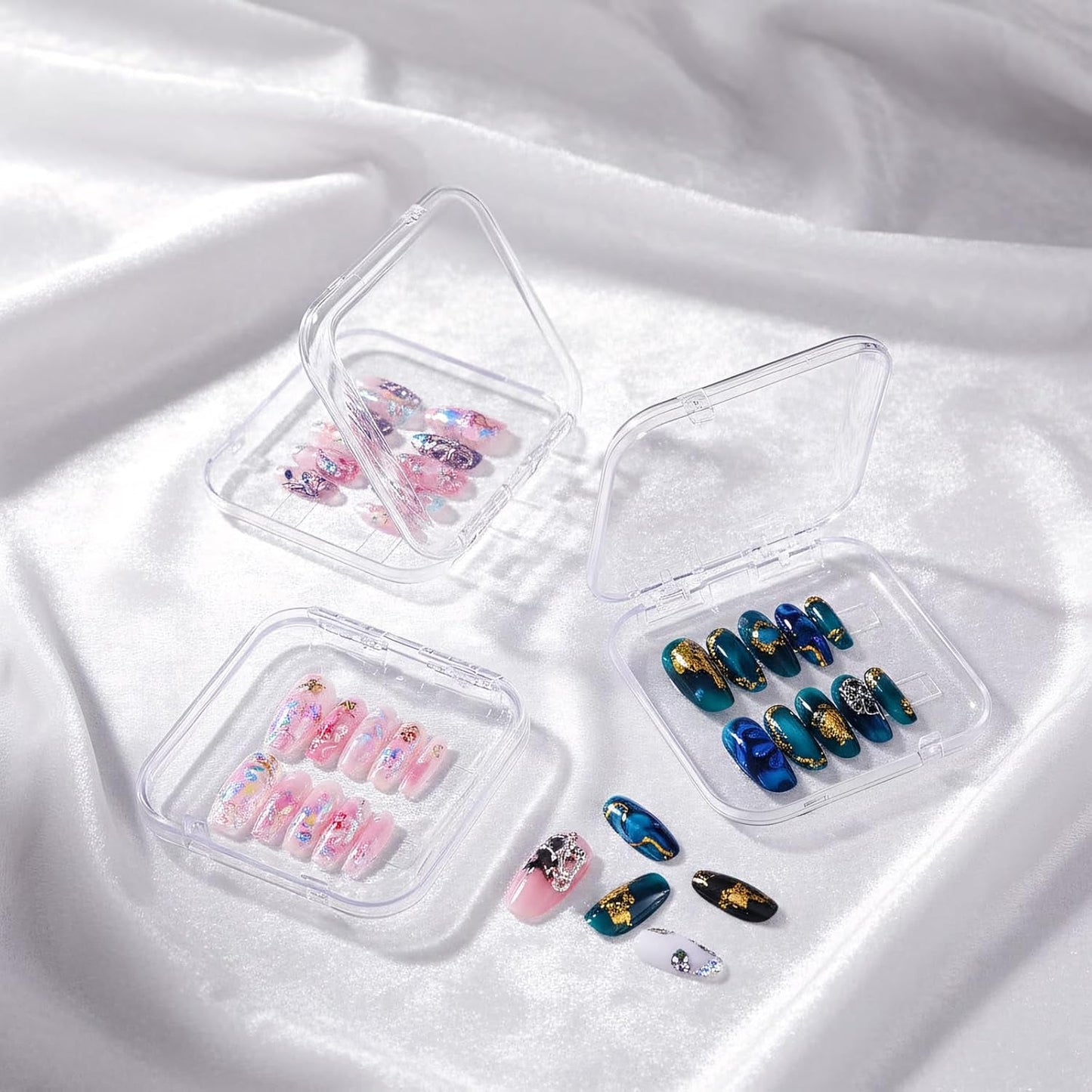 12 Pcs Press on Nail Storage Box with 60 Pcs Double Sided Adhesive Tapes, Nail Packaging Boxes Fake Nail Display Case Crystal Clear Nail Storage Box with Gift Box for Nail Art Business Nail Salon