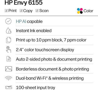 HP Envy 6155 Wireless All-In-One Color Inkjet Printer, Print, Scan, Copy, Duplex Printing Best-For-Home, 3 Month Trial of Instant Ink Included, Ai-Capable (C2WR7A) Portobello