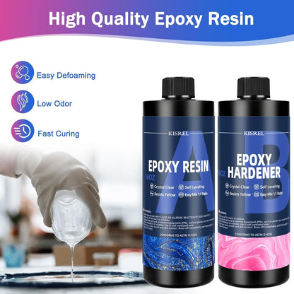 KISREL Epoxy Resin Kit for Beginners, 32Oz Resin Kit with Coaster Molds, Complete Accessories Include Pigment, Mica Powders, Dried Flowers, Glitter, Measuring Cups and Other Resina Supplie
