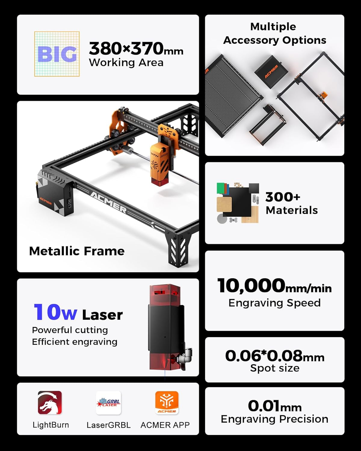 ACMER P1 S Pro 10W (10000Mw) Laser Cutter ＆ Engraver Machine,With 380×370Mm Large Working Area, Wifi Control, Engraves and Cuts Wood, Acrylic, Leather, Glass, Metal for DIY, Crafts & Small Business