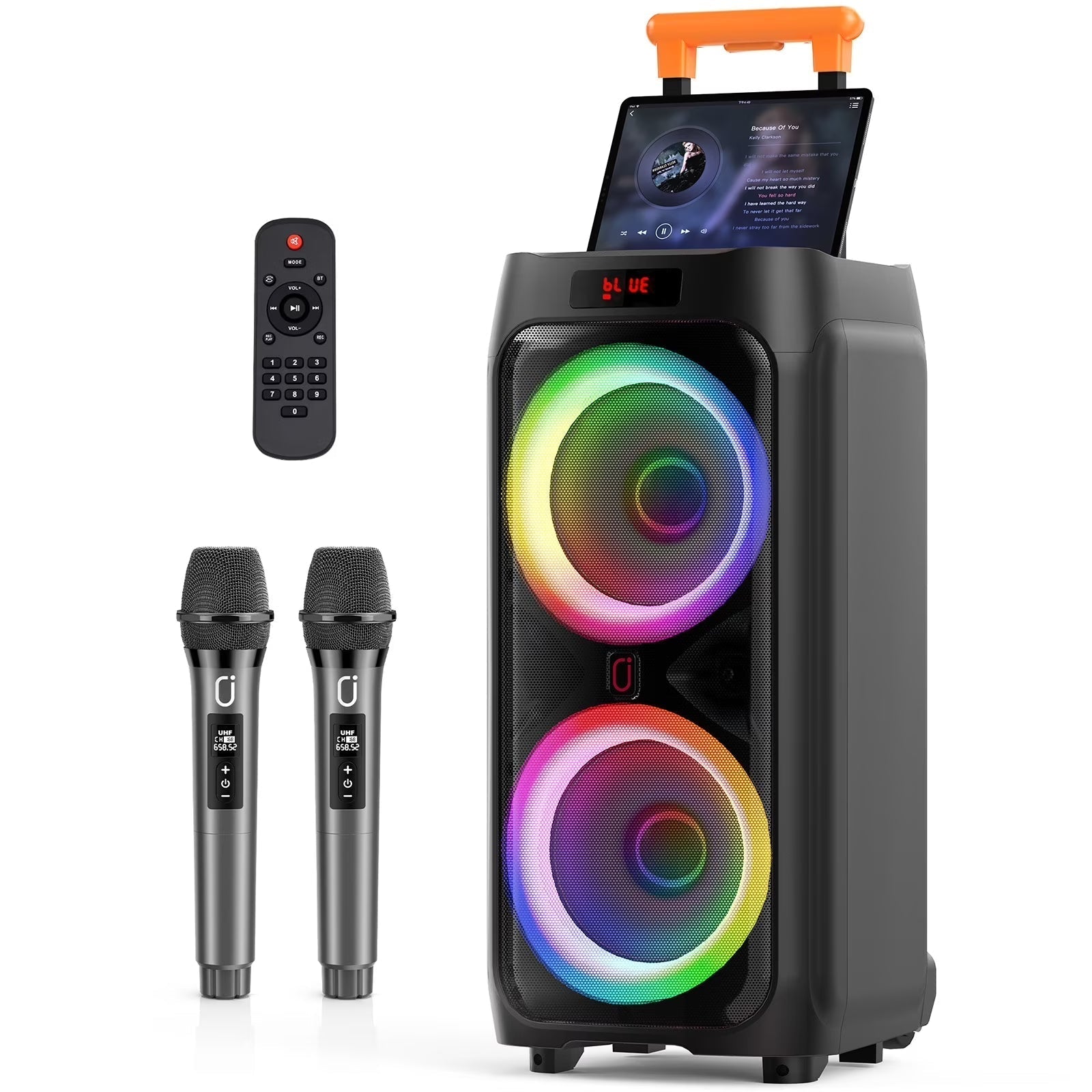 Large Party Speaker, Bluetooth Speaker with Wheels, Trolley Bar, LED Party Light, 2 Microphones
