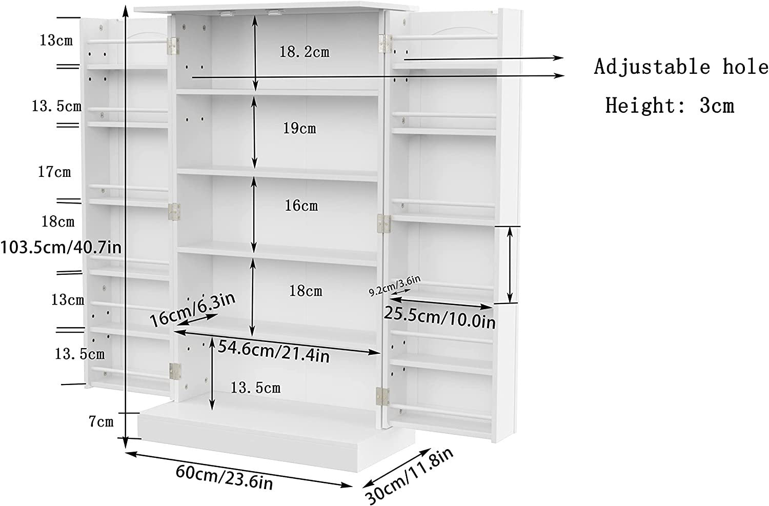 41" Kitchen Pantry, Farmhouse Pantry Cabinet, Storage Cabinet with Doors and Adjustable Shelves 41" H X 23.2" W X 12" D (White)