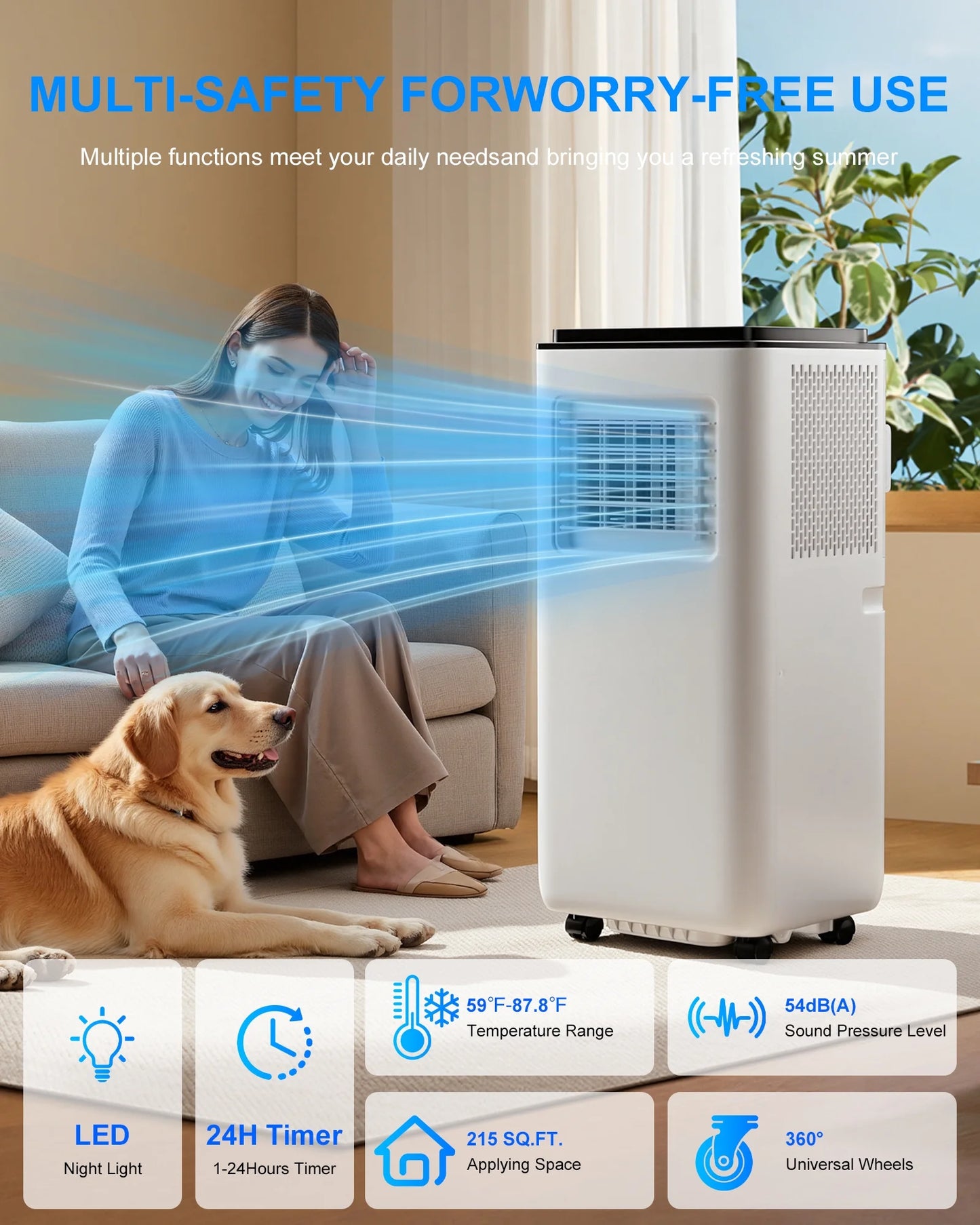 Portable Air Conditioners 10,000 BTU for Rooms up to 450 Sq.Ft. Portable AC, Dehumidifier, 24H Timer, Sleep Mode & Water Level Indication, Remote Control & Window Kit, White & Black